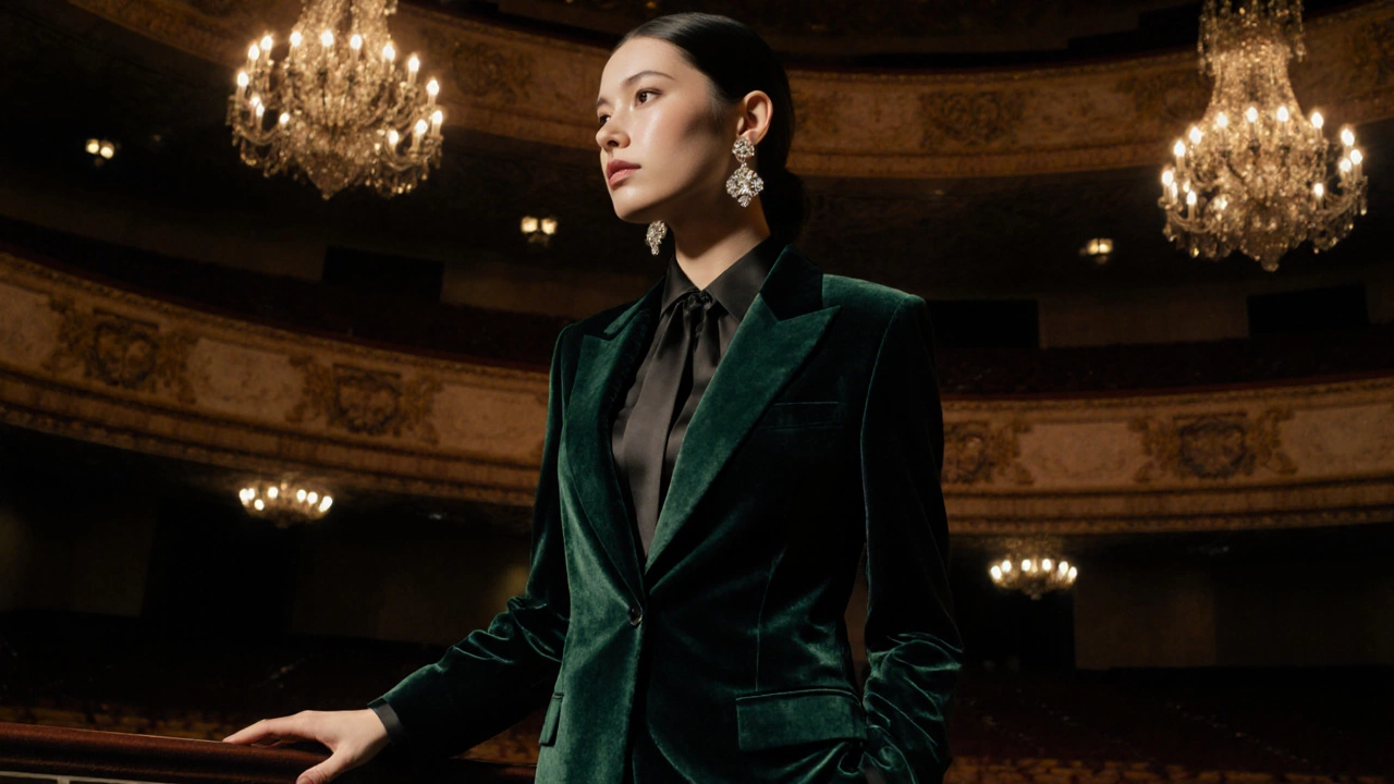 A person in a velvet pantsuit standing confidently beside a grand staircase at a black-tie event.