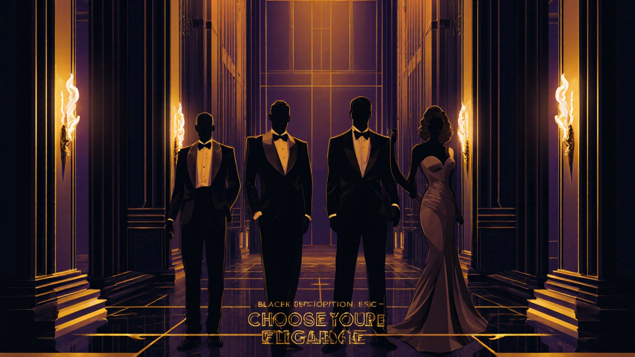 Art deco poster showing tuxedo, dark suit, long gown and cocktail dress options for a black‑tie‑optional event.