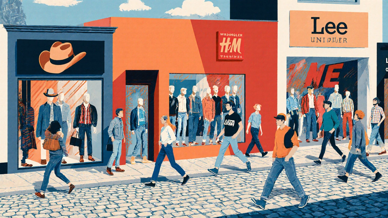 Busy fashion street with varied denim storefronts and mannequins displaying different styles.