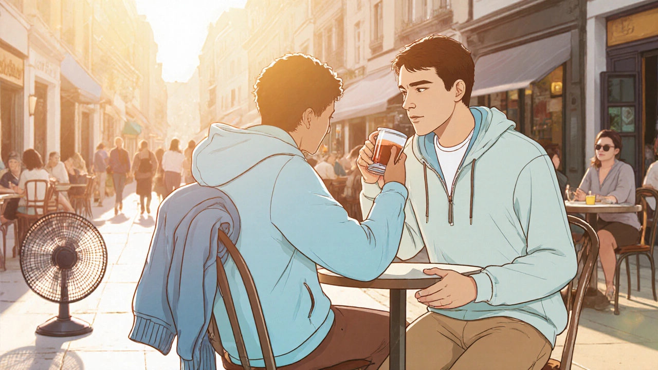 Cafe scene with someone layered in a T‑shirt, light sweater, and a hoodie hanging nearby.