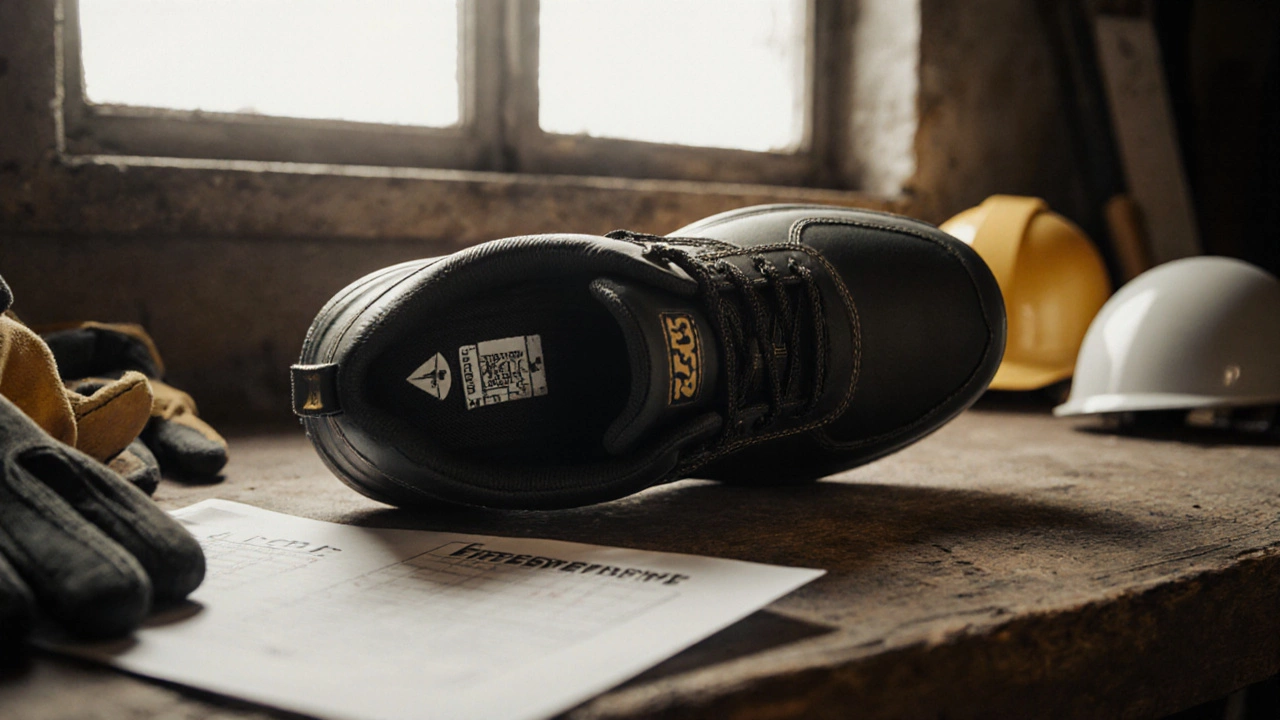 Close‑up of a CSA‑certified steel‑toe shoe with label on a workbench.