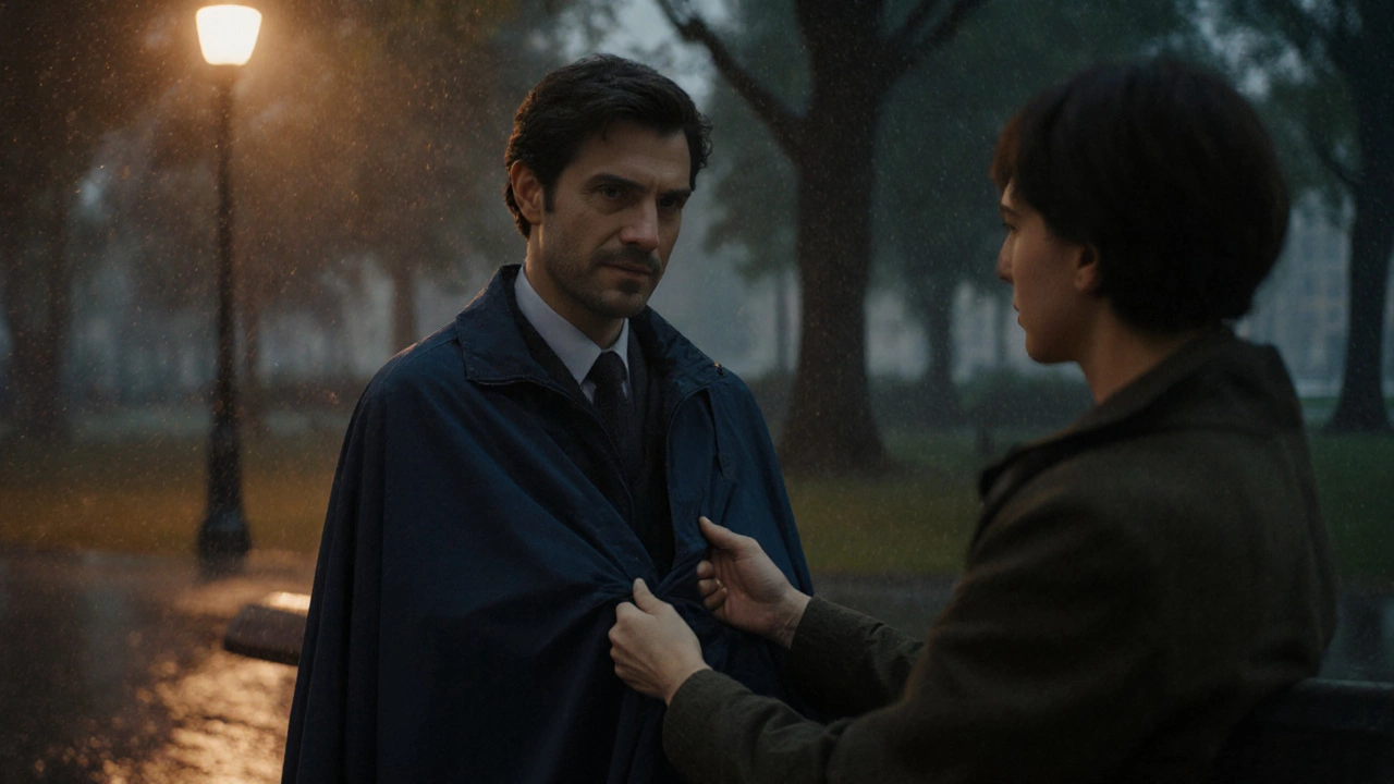 Close-up of a hand draping a windbreaker over a woman's shoulders with a warm smile.