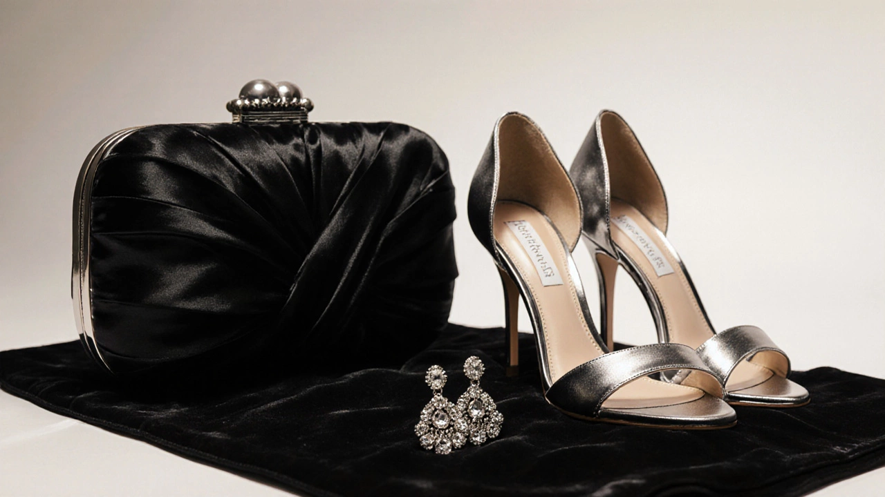 Close-up of a satin clutch, stiletto heels, and chandelier earring on velvet cloth.