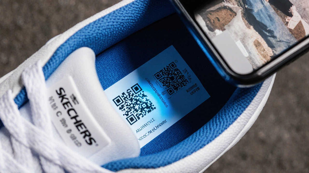 Close‑up of a Skechers shoe label with QR code being scanned, blurred counterfeit shoes in background.