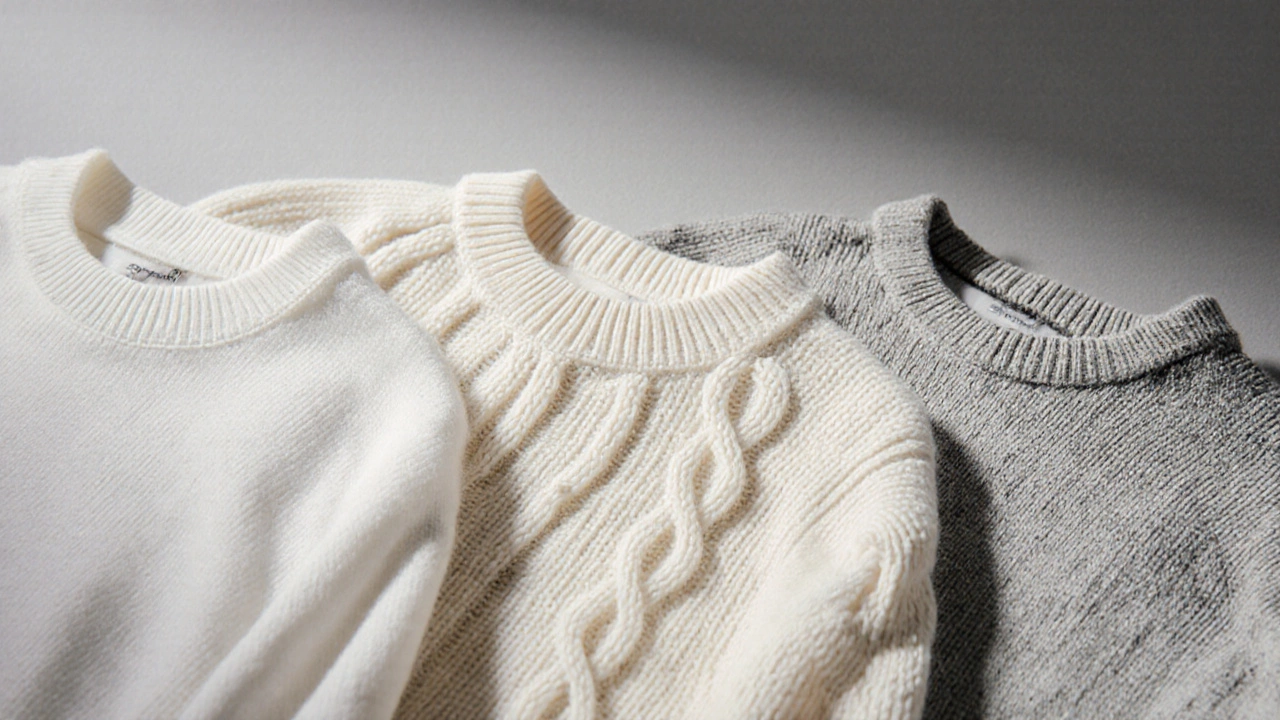 Close‑up of cotton, wool, and polyester sweater fabrics showing texture and knit detail.