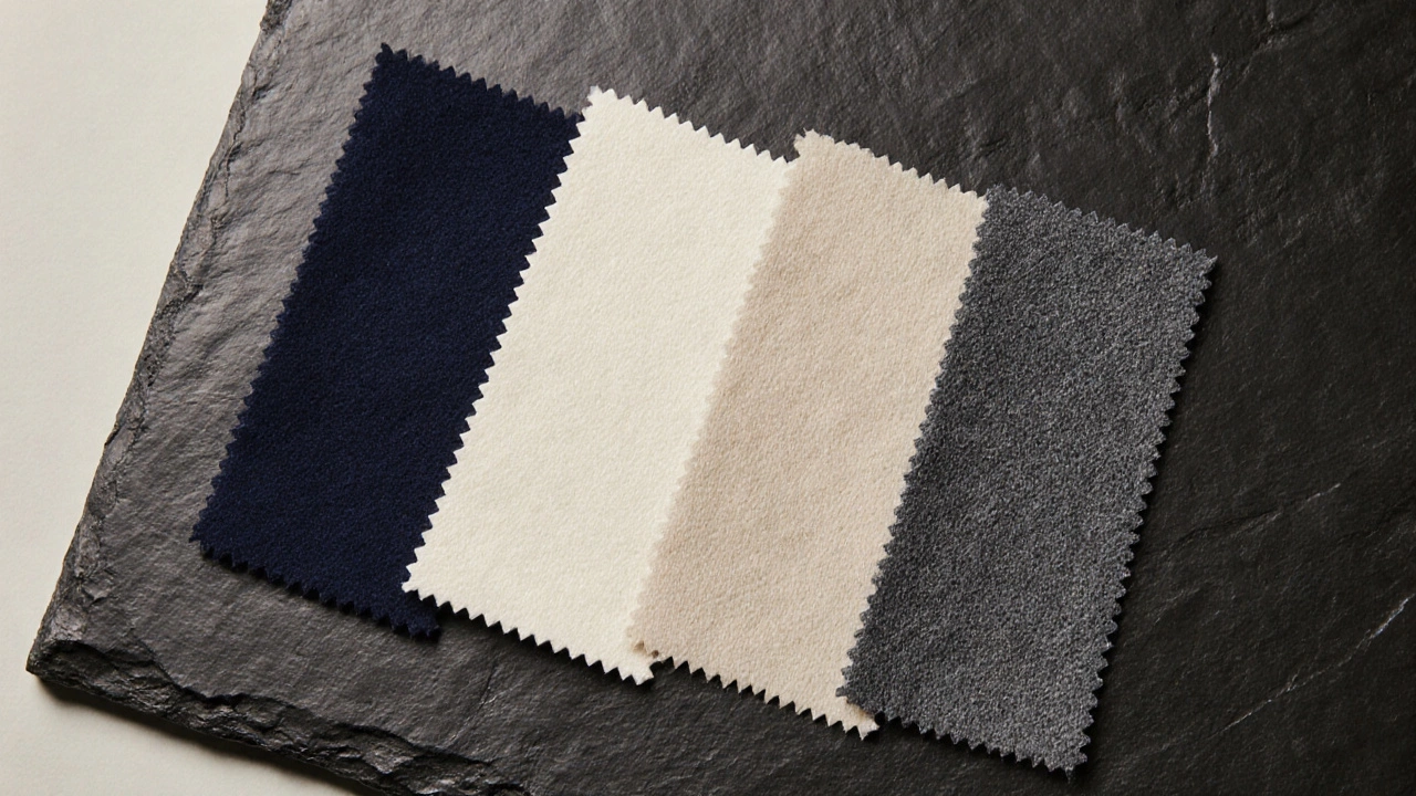 Close‑up of four luxurious fabric swatches showcasing texture and color.