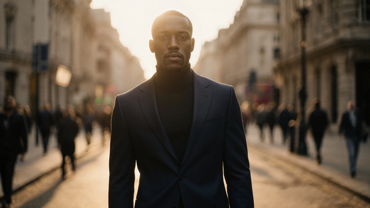 Confident man in a navy suit walking down a London street at golden hour.