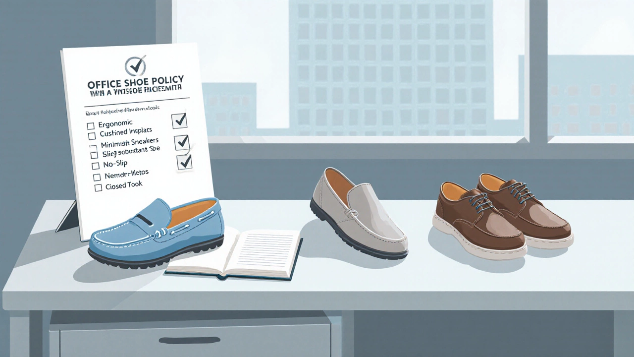 Desk with ergonomic loafers, minimalist sneakers, checklist confirming shoe policy.