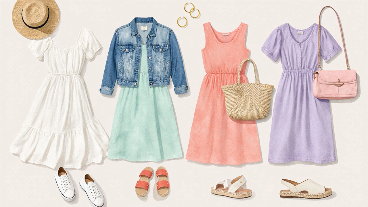 Five summer dresses in white, light blue, mint, coral, and lavender with matching accessories displayed together.