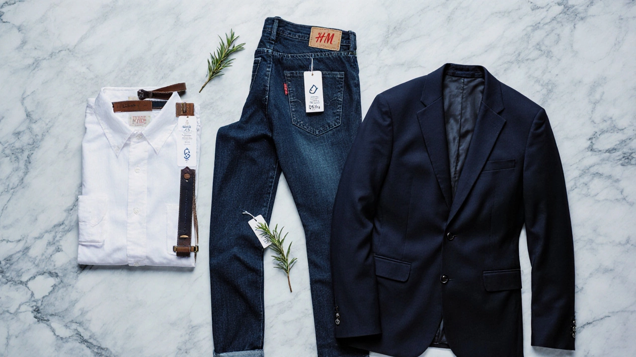 Flat‑lay of Levi&#039;s, H&amp;M, and Zara jeans with price tags and sustainability icons.