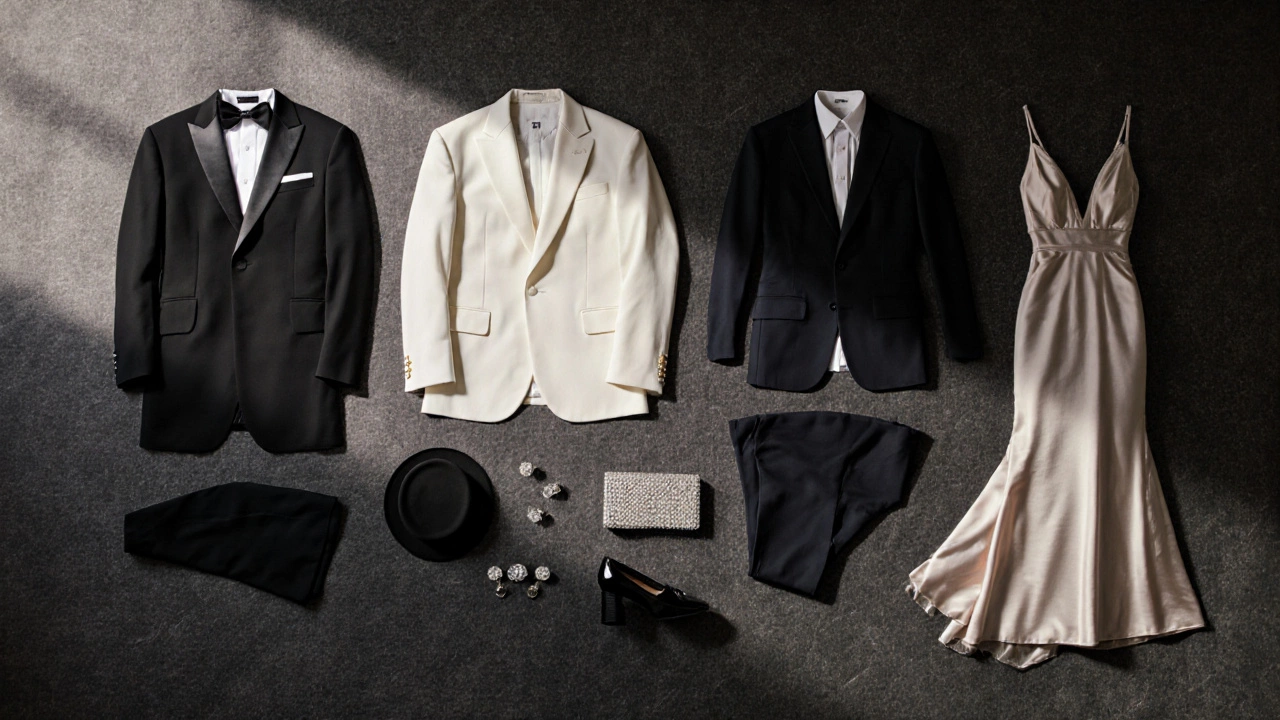 Flat‑lay of tuxedo, tailcoat, gowns, suit, and accessories on a dark linen surface.