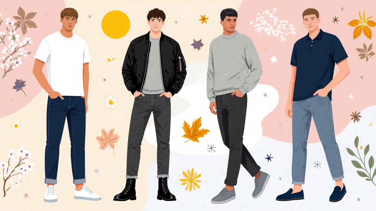 Four models wearing jeans with neutral tops representing different seasons.