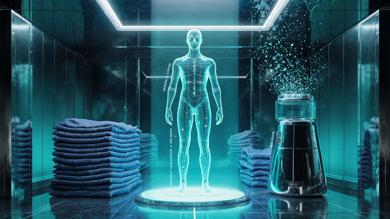 Futuristic denim lab with holographic AI fitting, recycled denim piles, and water‑less tech.