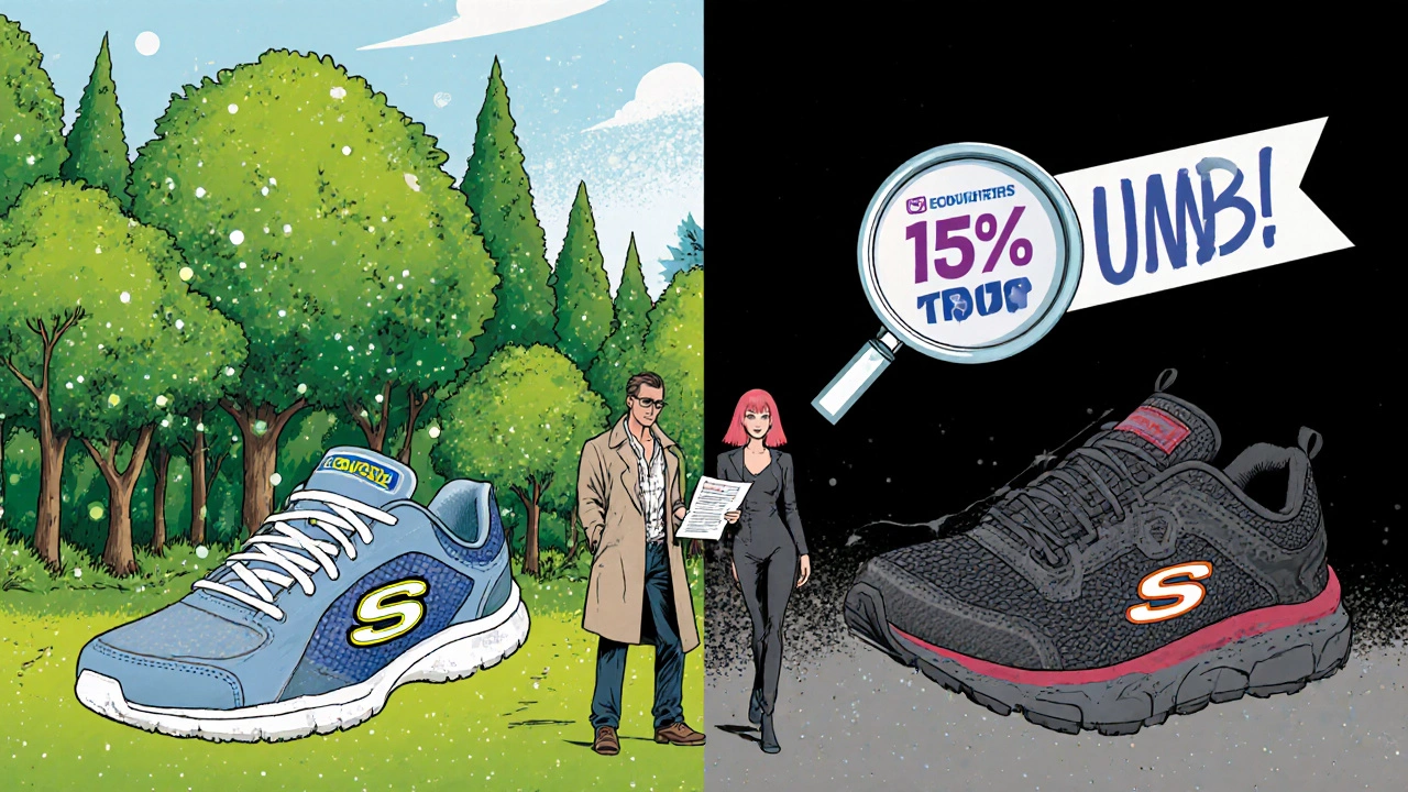 Graphic collage showing green recycled fibers vs petroleum, a watchdog, and a celebrity with conflicting sneaker logos.