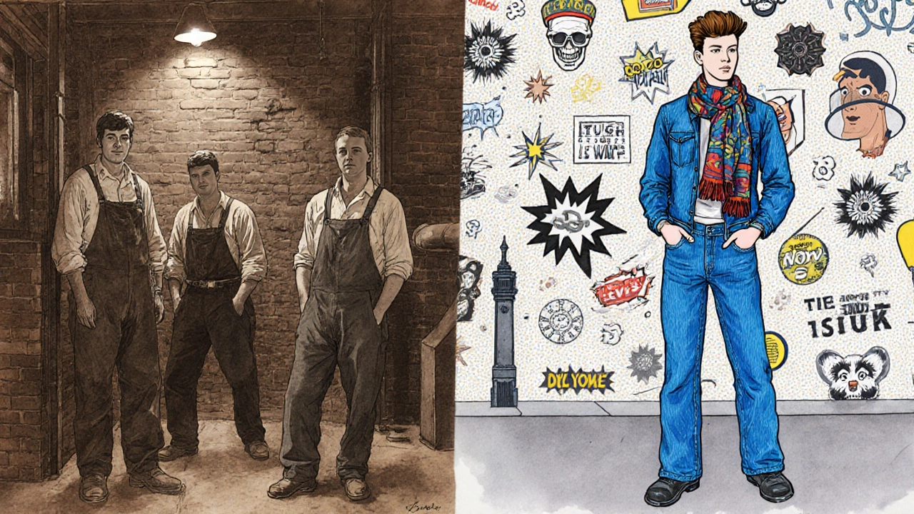 Historic split scene shows 1850s workers in dungarees and 1960s youth in Levi's jeans.