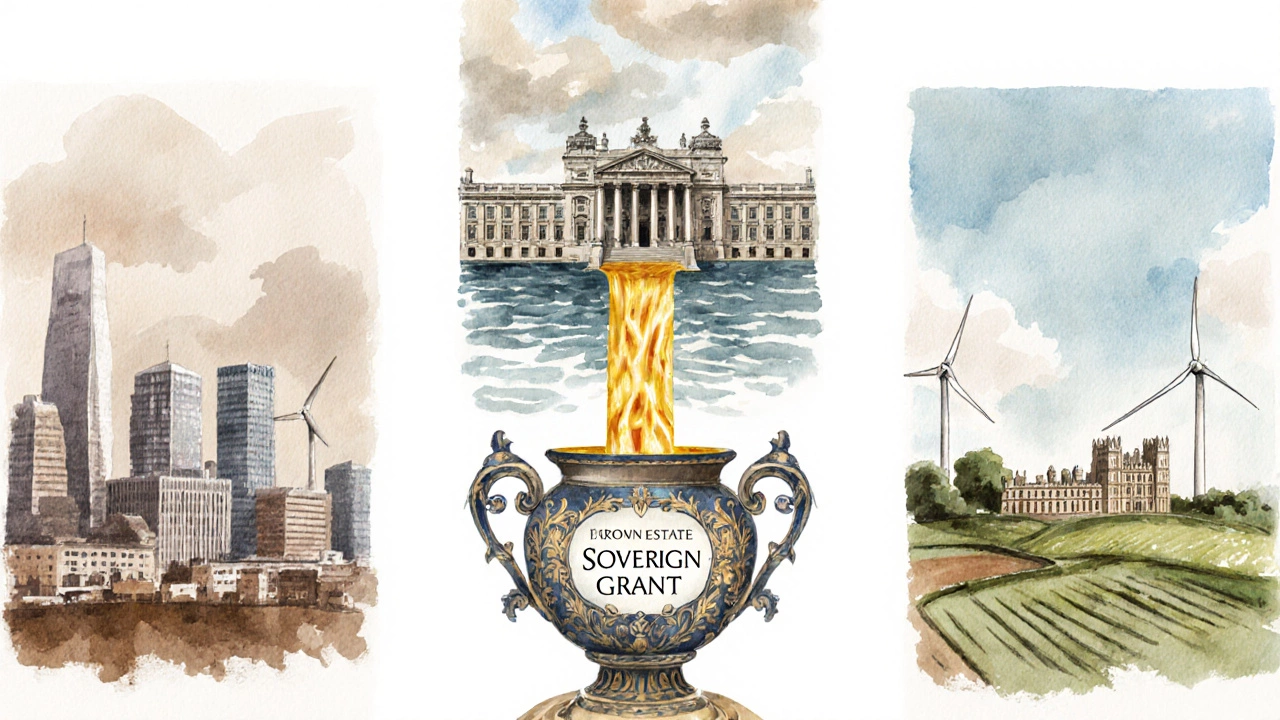 Illustration of Crown Estate, Sovereign Grant, and Duchy of Cornwall as linked pillars.