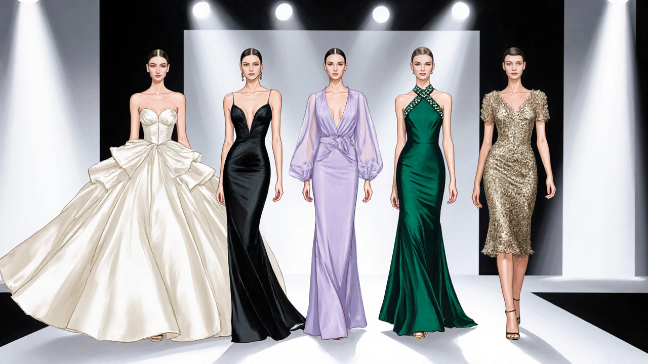 Illustration of five evening‑dress silhouettes: ball gown, mermaid, A‑line, sheath, cocktail.