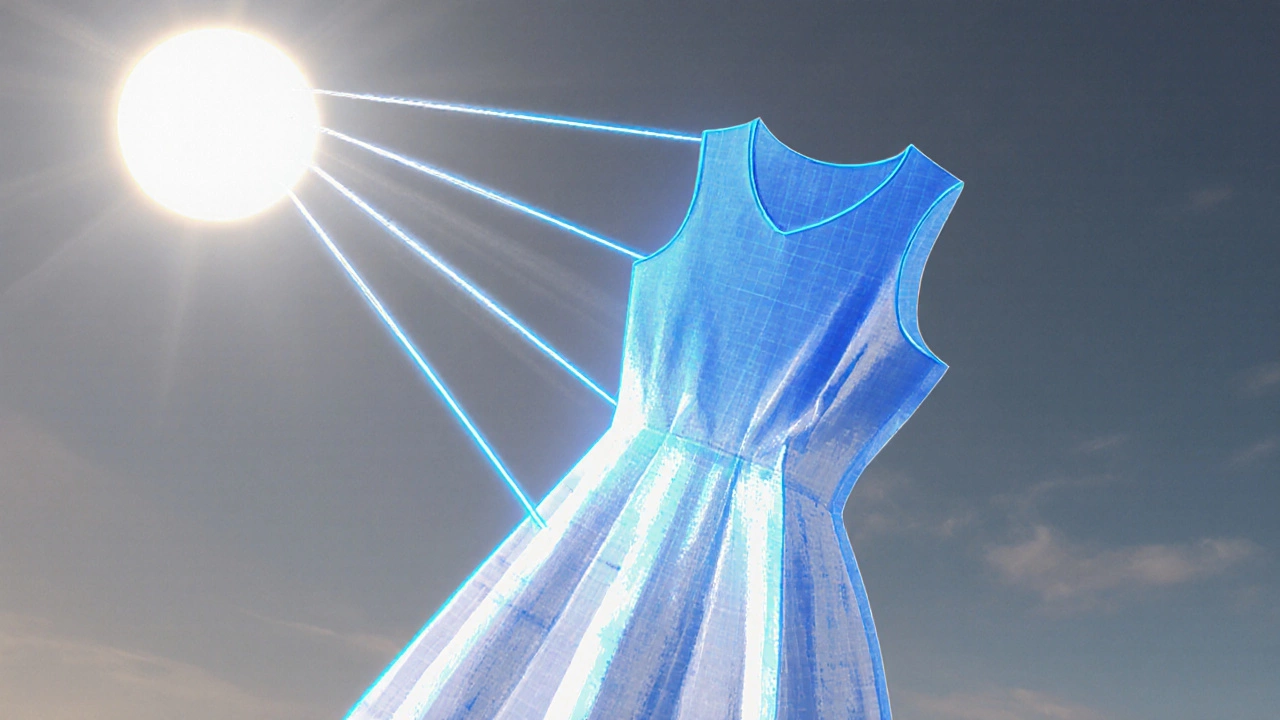 Illustration of sun rays bouncing off a dress fabric, showing cooling effect with blue tone heat map.