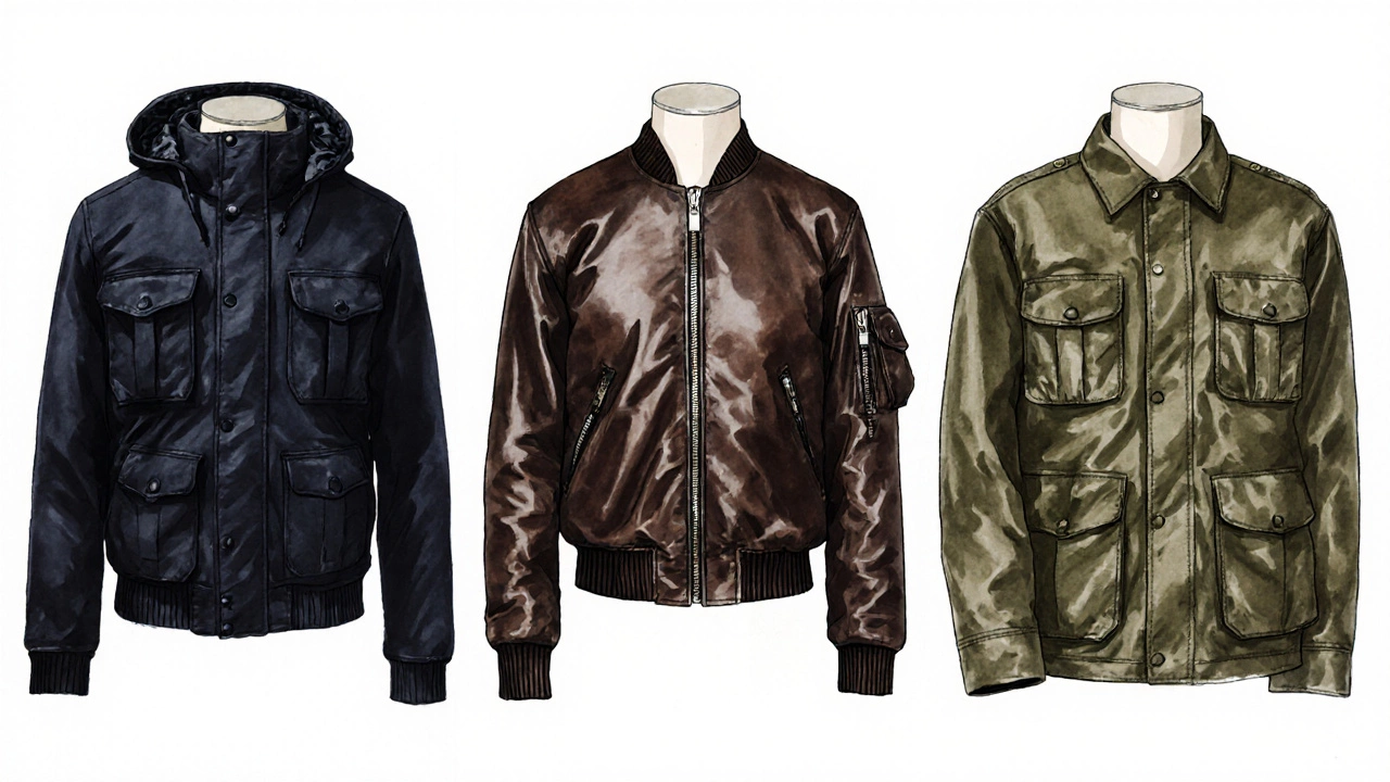Illustration of swat, bomber, and field jackets on mannequins, highlighting their features.