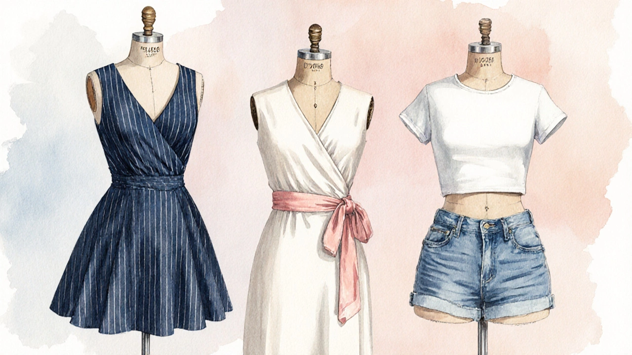 Illustration showing an A‑line dress, a wrap dress, and high‑waisted shorts together.