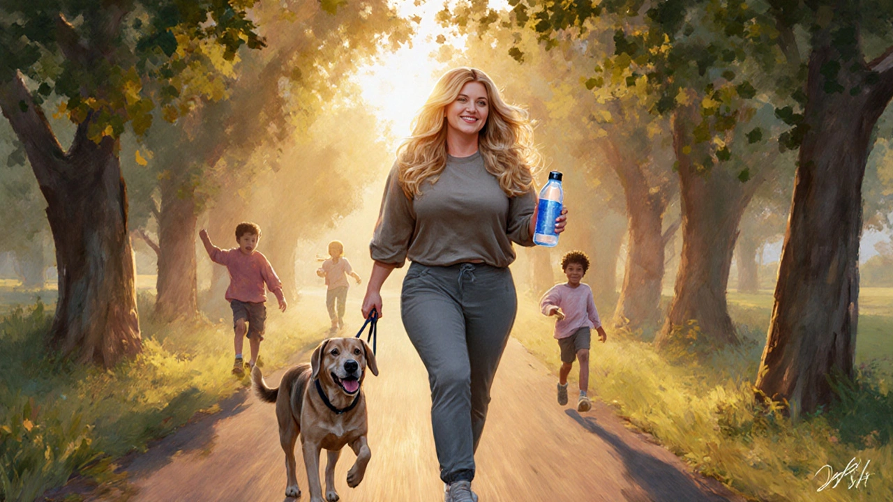 Kelly walking her dog at sunset with her children playing nearby in a peaceful neighborhood.