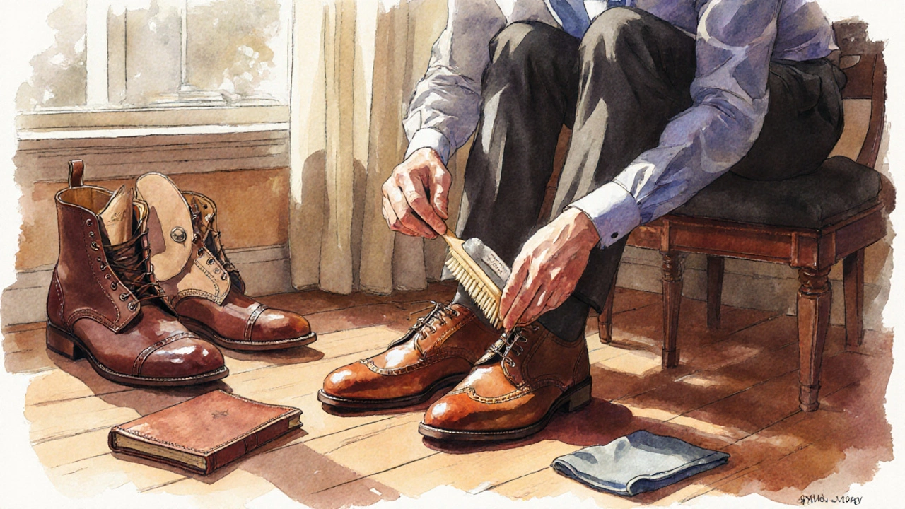 Man caring for leather shoes with conditioner and cedar shoe trees in a warm indoor setting.
