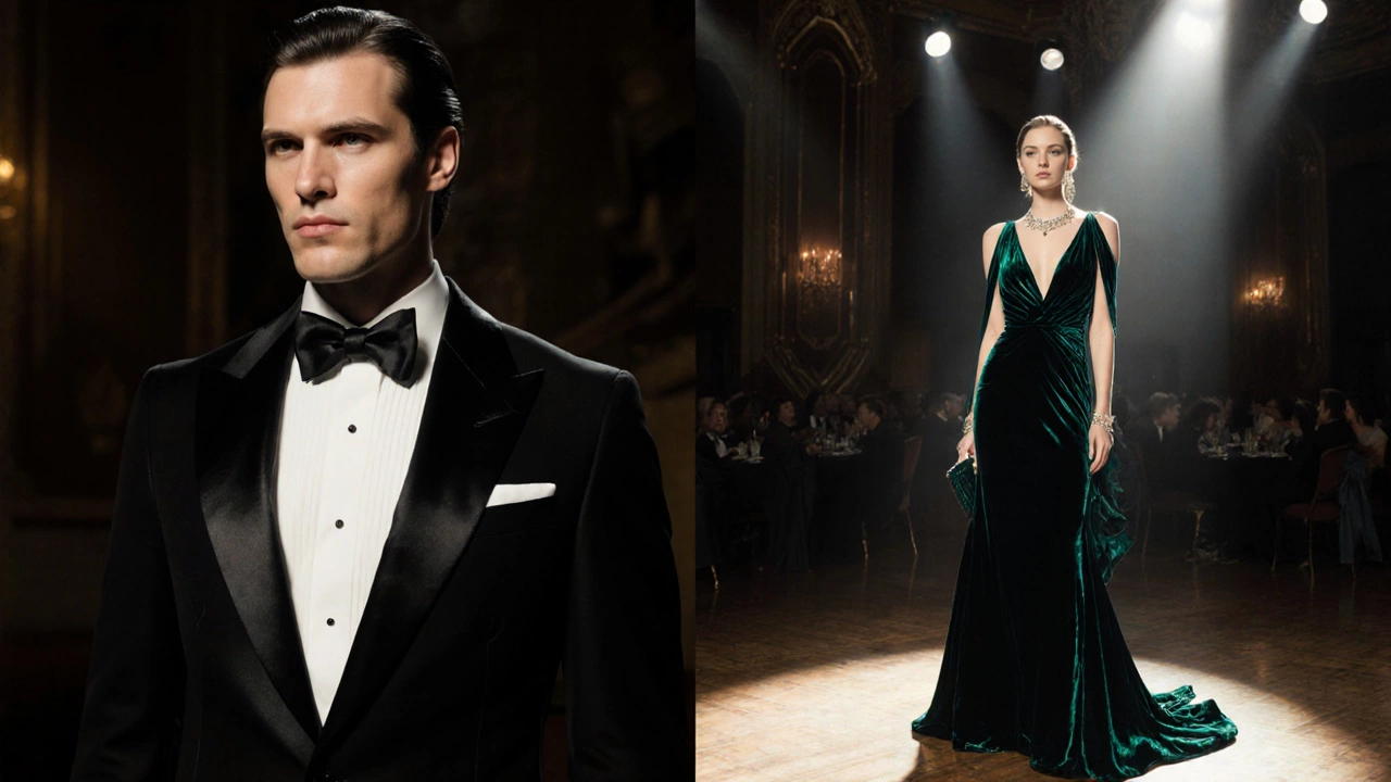Man in tuxedo and woman in emerald gown side by side under dramatic lighting.