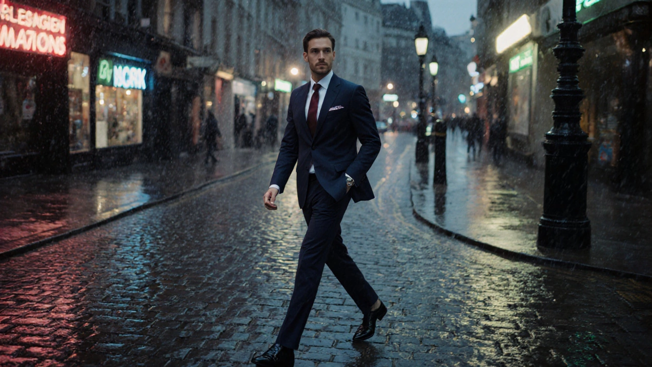 Man walking confidently in a navy suit on a rainy London street at night.