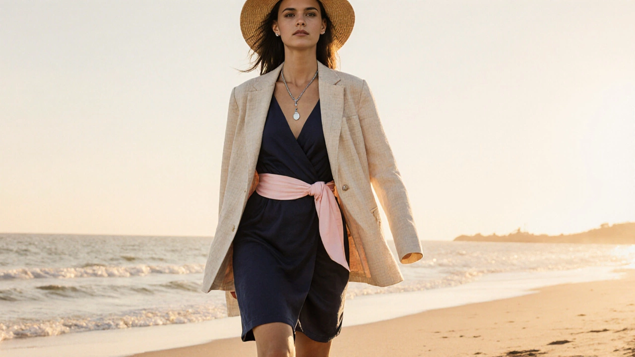 Model in a navy wrap dress with blazer, sun hat, pendant necklace and wedge sandals on a beach.