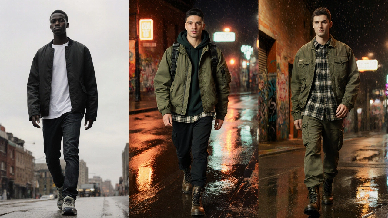Model wearing a swat jacket in three street‑style looks on a rainy city street.