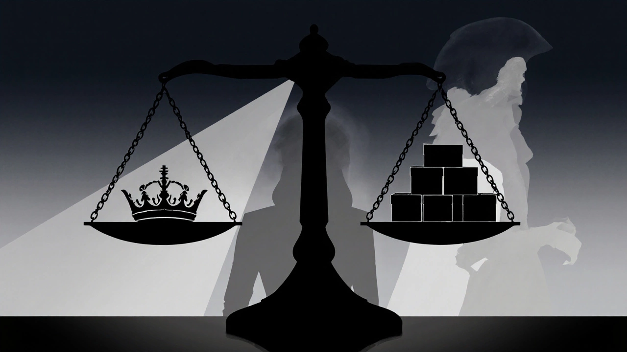 Scale of justice balancing a crown and charity boxes with Kate's silhouette behind.