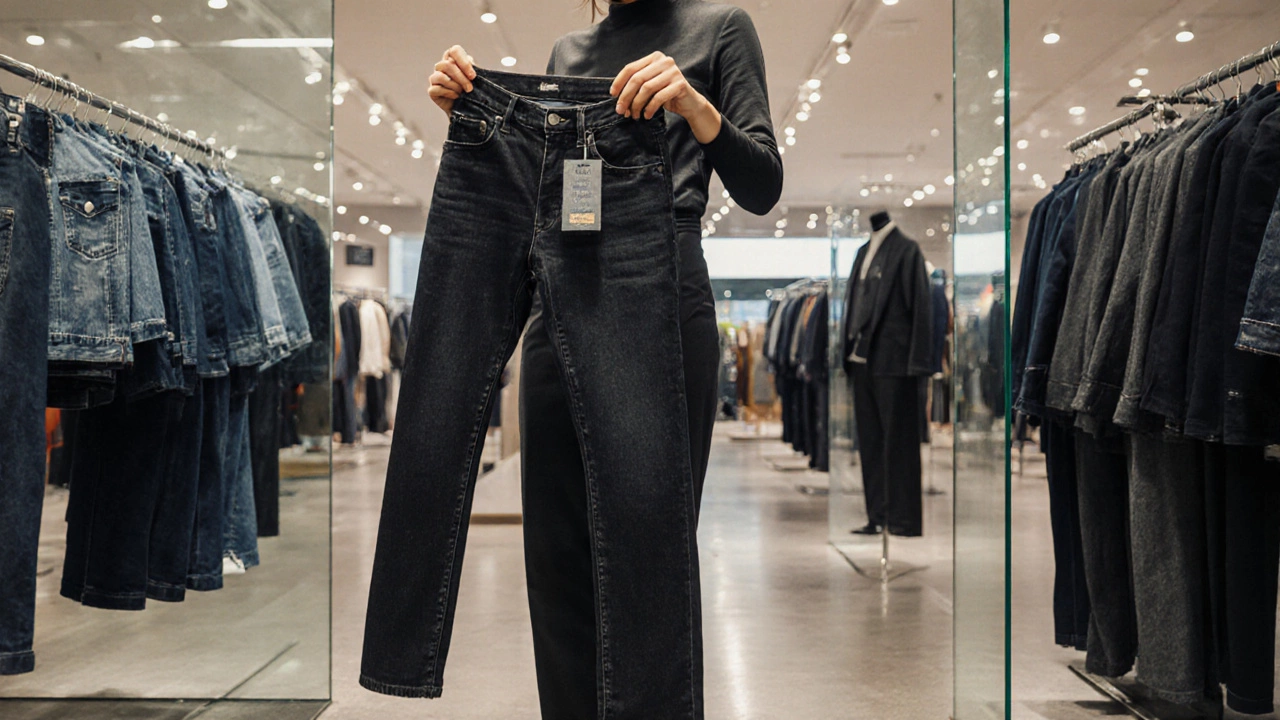 Shopper examines denim jeans with a fabric‑swatch tag in a modern UK department store.