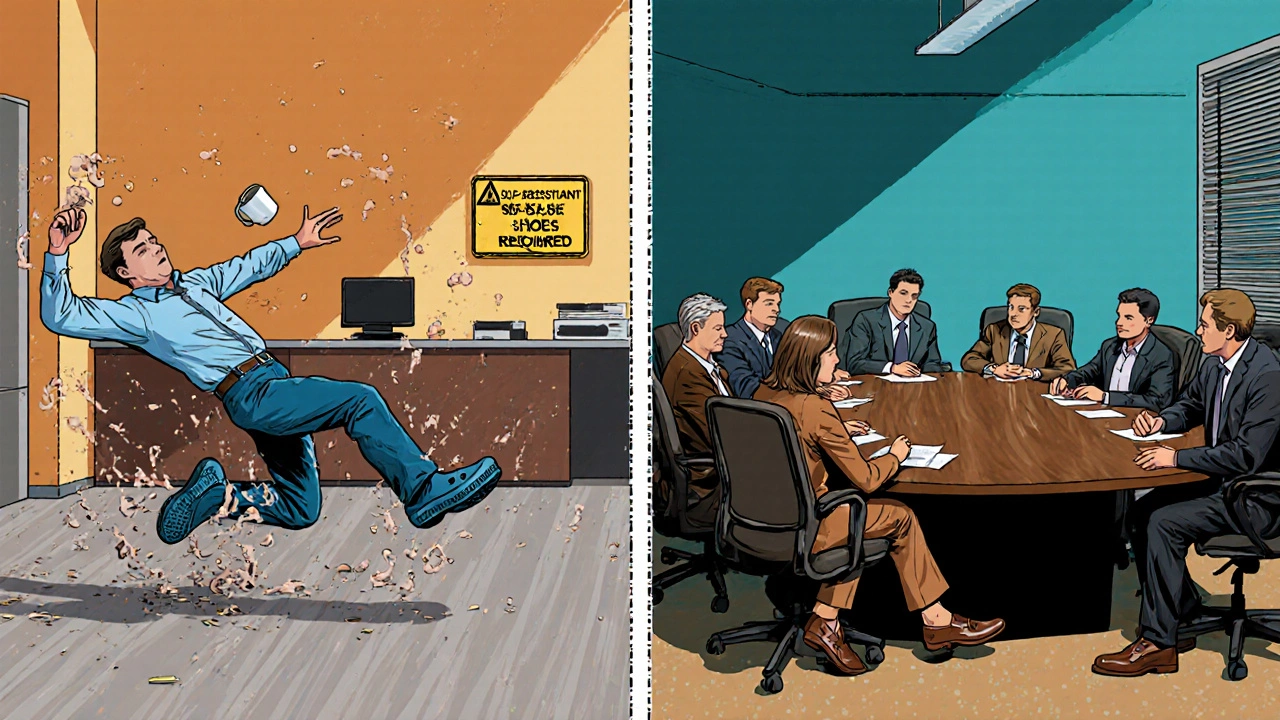 Side‑by‑side of a slip hazard in Crocs and a formal meeting with polished shoes.