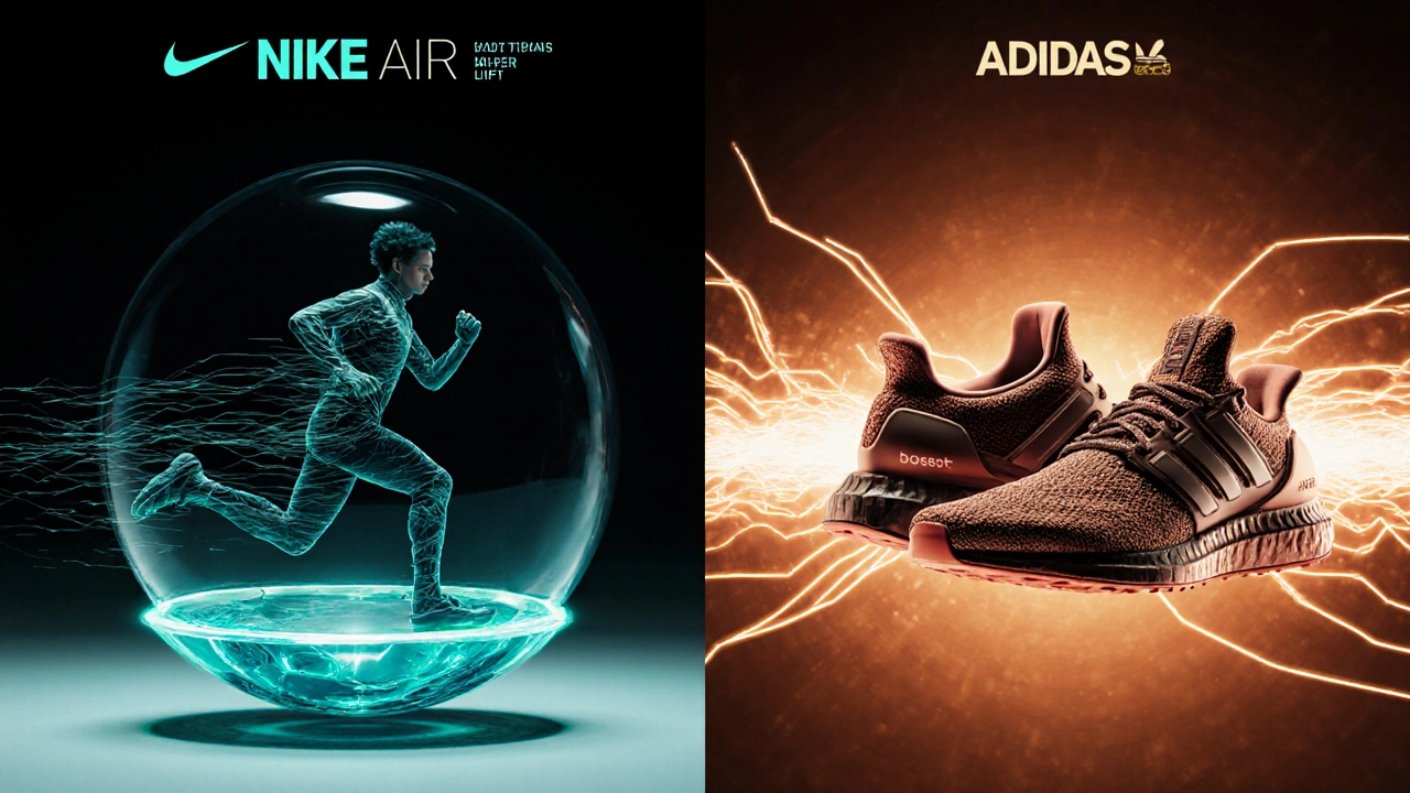 Split illustration comparing Nike Air bubble and Adidas Boost foam inside a runner’s shoes with neon highlights.