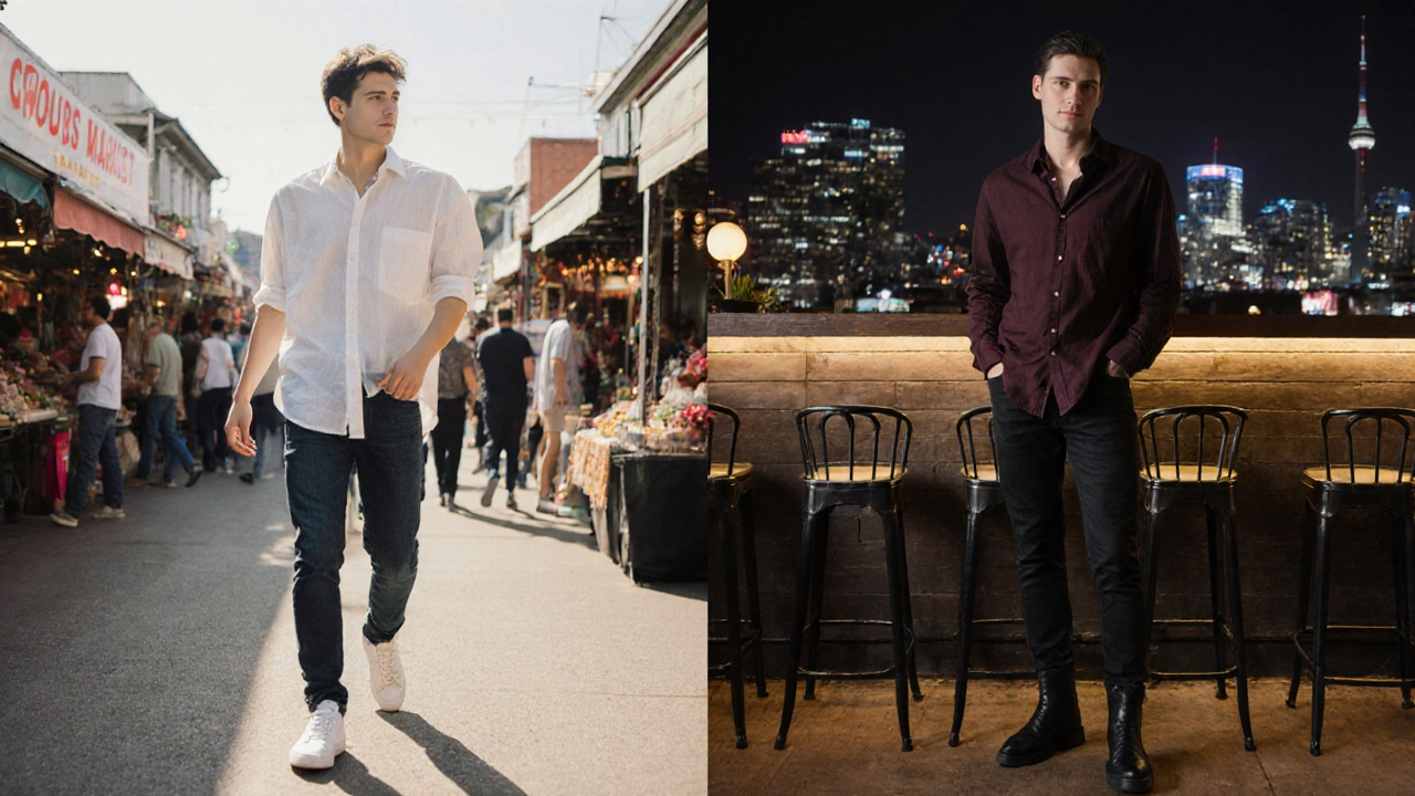 Split scene: market stroll in white shirt and sneakers; rooftop night in burgundy shirt and black boots.