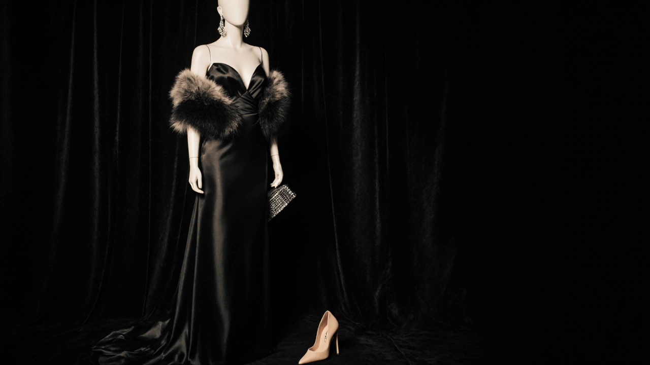 Styled black satin gown with heels, clutch, earrings and a faux‑fur stole.