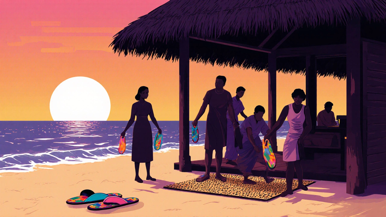 Sunset beach scene where people remove their slippahs before entering a thatched pavilion.