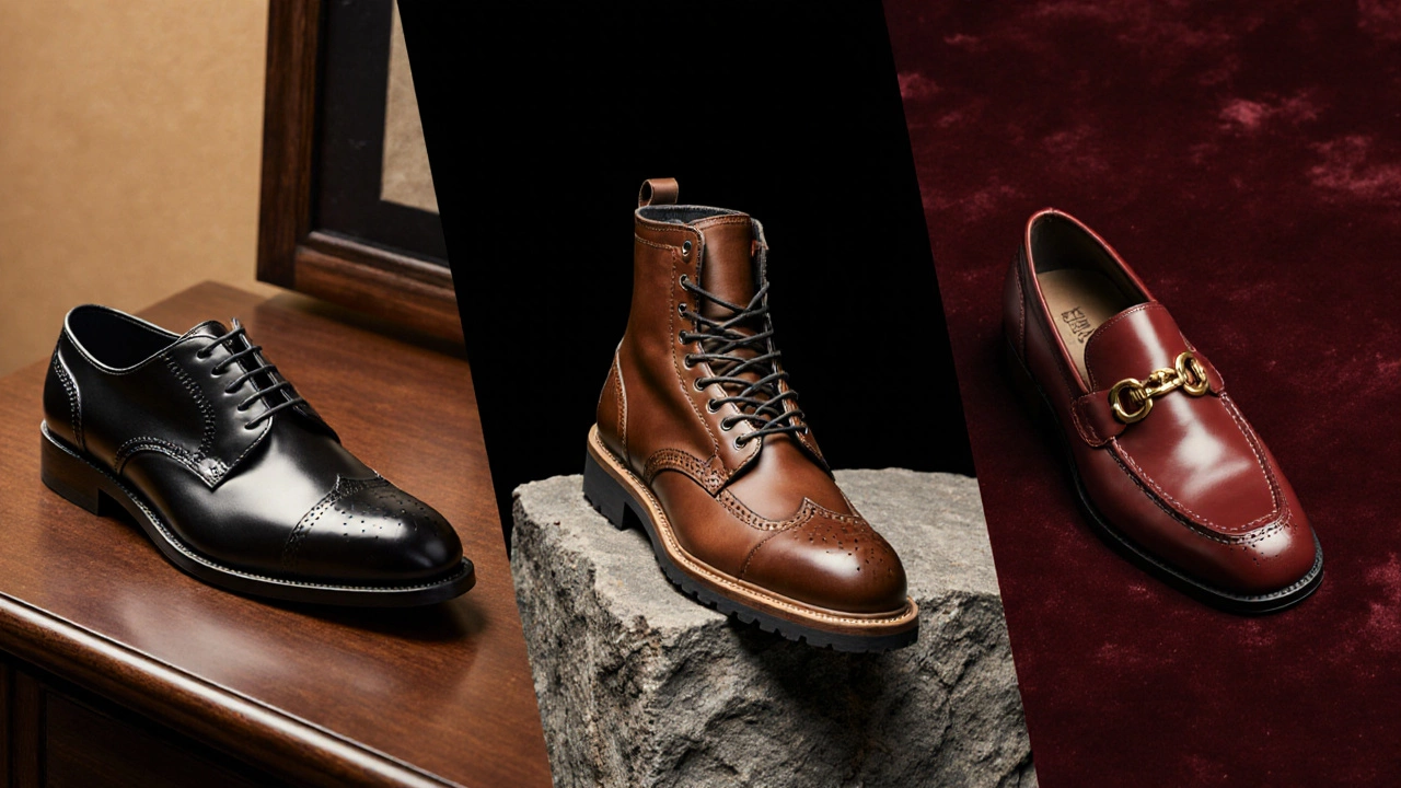 Three contrasting shoes—formal Oxford, rugged boot, and luxury loafers—displayed on different surfaces.