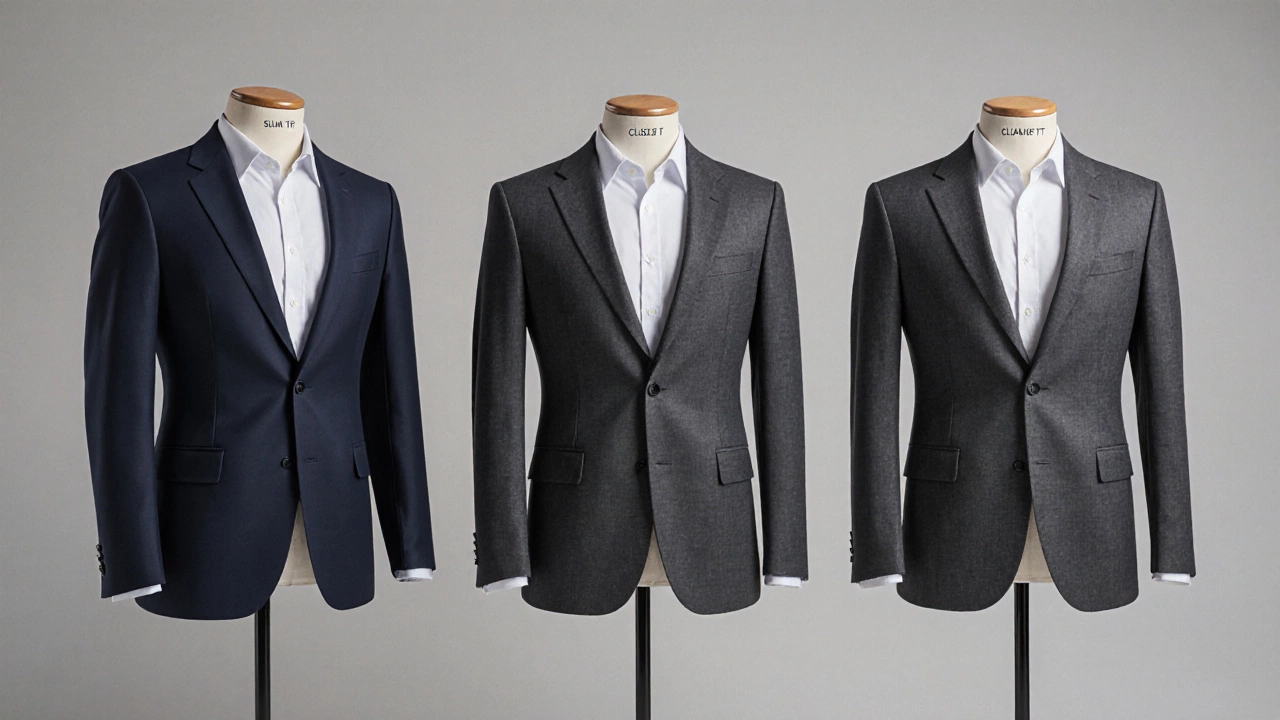Three mannequins showing slim, tailored, and classic suit cuts in navy, charcoal, and gray.