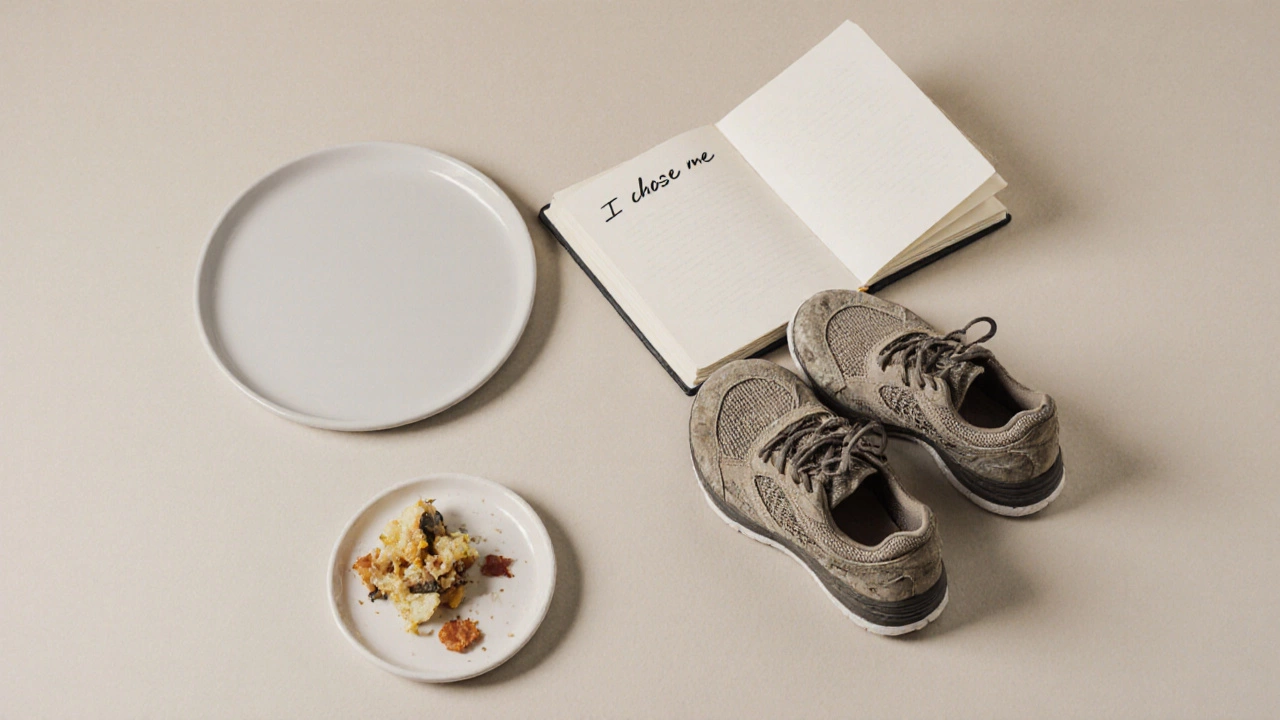Three symbolic items representing healthy habits: food, shoes, and a journal on a quiet backdrop.