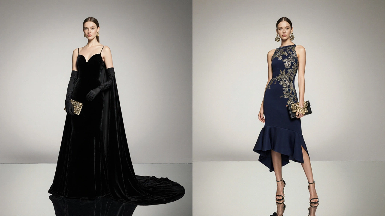Two formal dresses side by side: one floor-length evening gown, one midi cocktail dress with accessories.