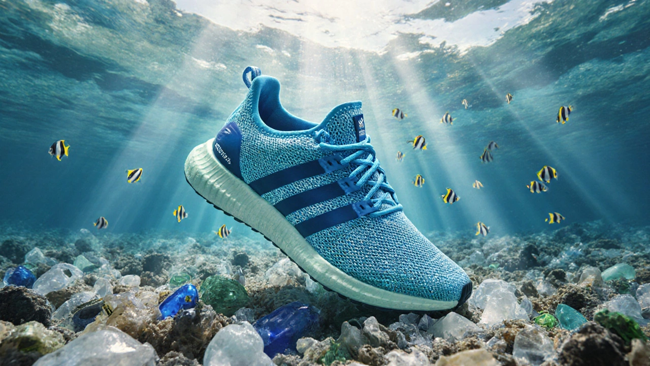 Underwater scene with Adidas Parley sneakers emerging from ocean plastic, illuminated by filtered sunlight.