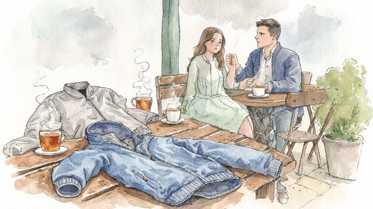 Watercolor of three jackets on a café table, a man offering a bomber to a woman in a dress.