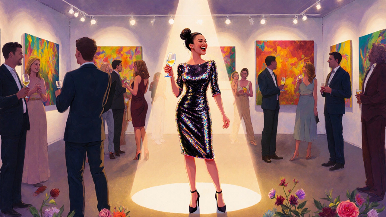 Woman in a sequined cocktail dress laughing at an art gallery opening with guests around.