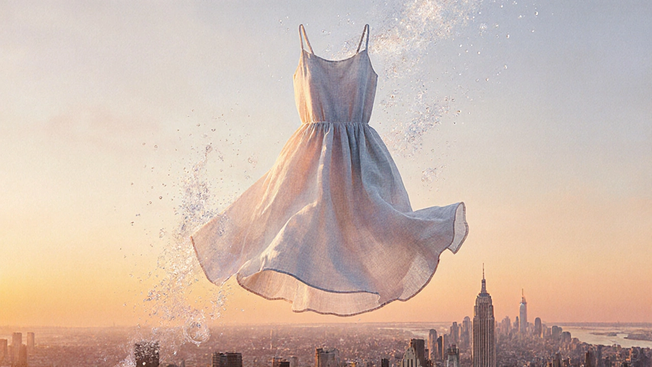 A blended linen and TENCEL™ dress floating above a city, fibers turning into evaporating mist.