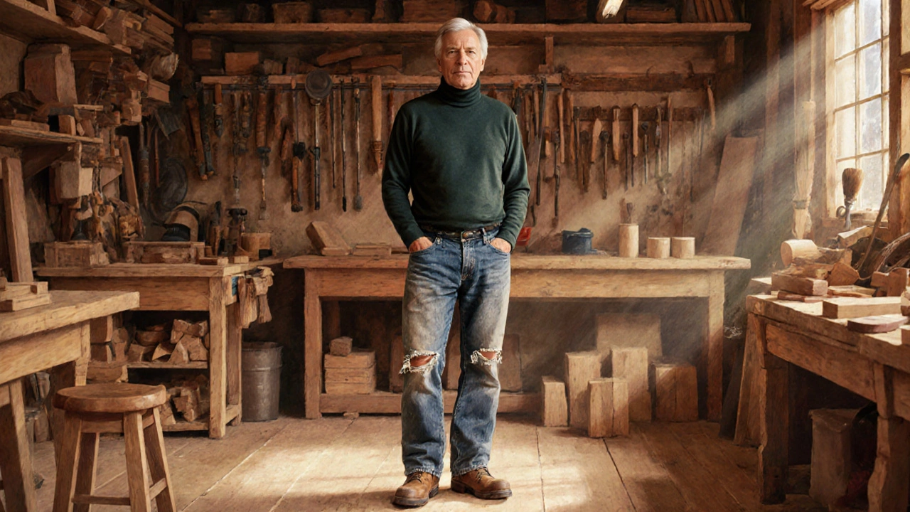 A man in a wool turtleneck and subtly ripped jeans stands proudly in his woodworking shop.