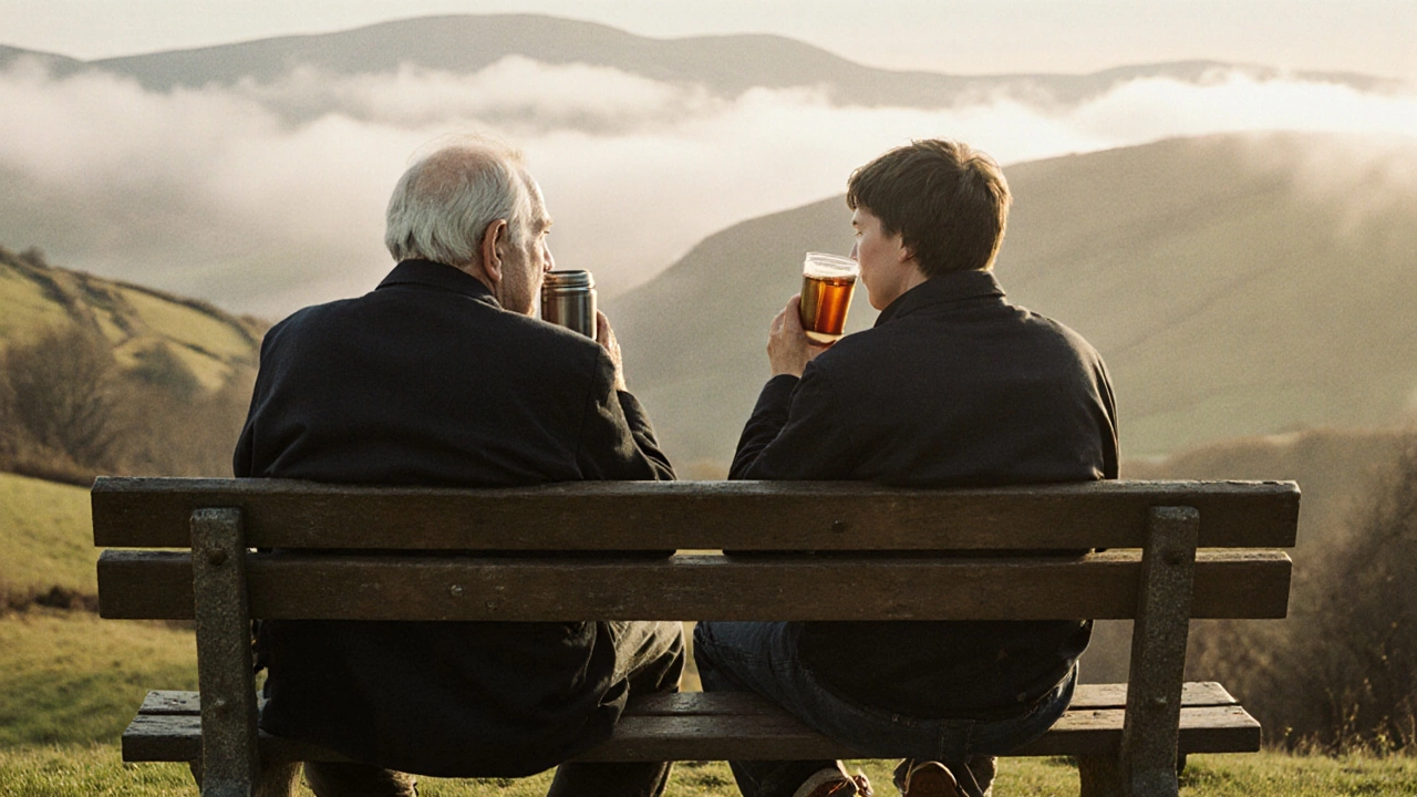 An elderly man and teenager sitting on a park bench wearing worn-in trainers.