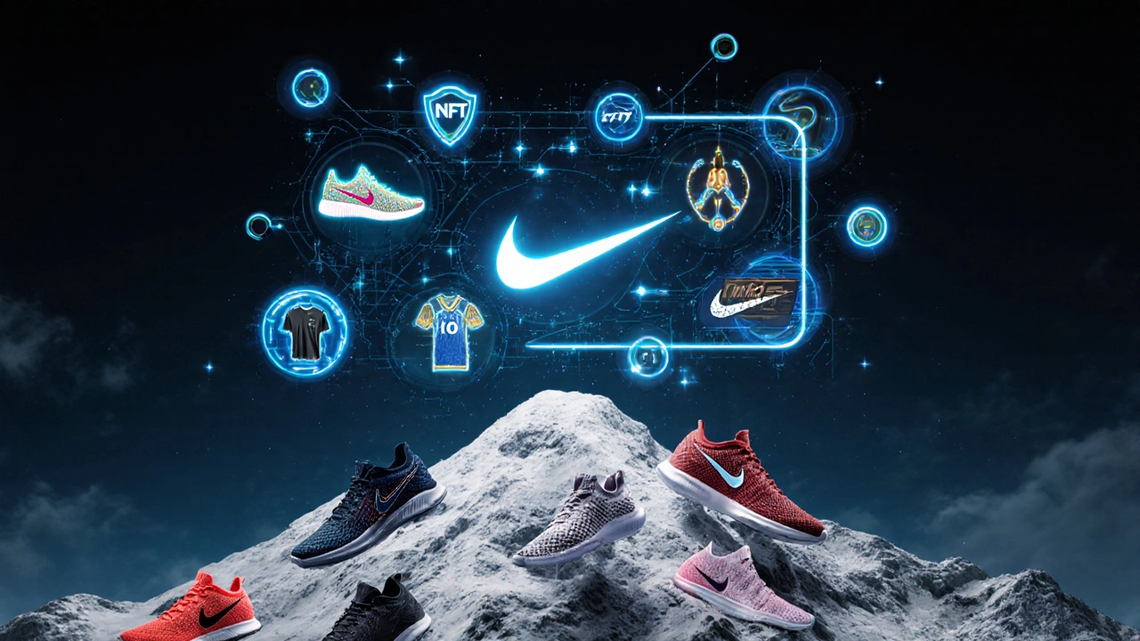 Holographic Nike app interface above a pile of sneakers, showing tech and athlete icons.