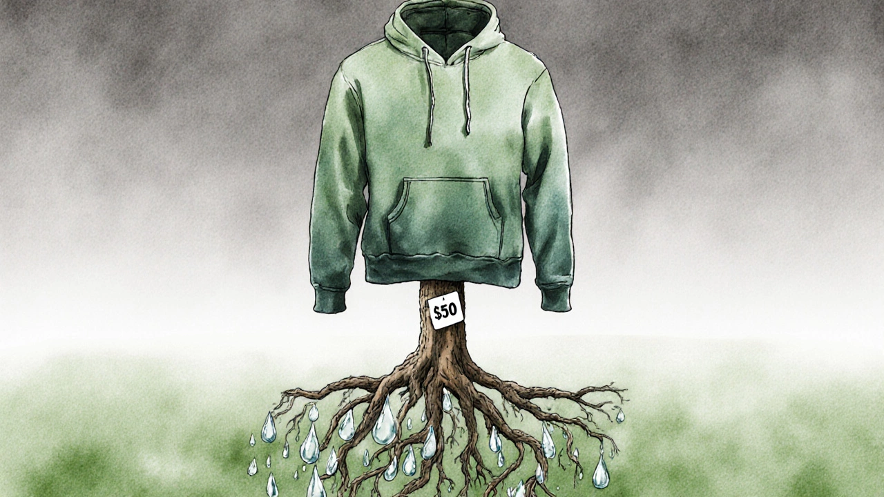 Hoodie morphing into a tree with roots absorbing water and recycling waste, symbolizing sustainability.