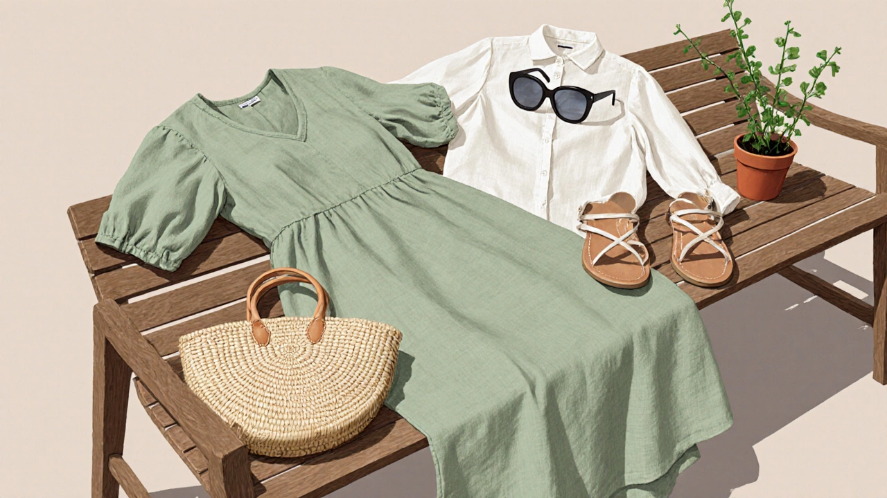 Minimalist summer wardrobe on wooden bench: linen dress, cotton blouse, leather sandals, and straw bag.
